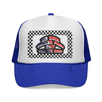Trailer Park Sh*t" Retro Trucker Hat | Dega Ready Checkerboard Mesh Back Cap