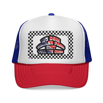 Trailer Park Sh*t" Retro Trucker Hat | Dega Ready Checkerboard Mesh Back Cap